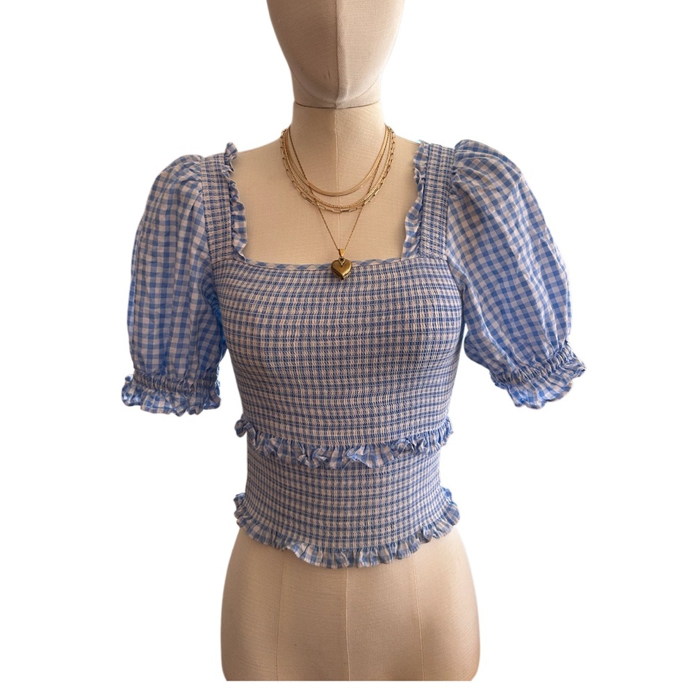 CeCe Blue Gingham Smocked Puff Sleeve Ruffle Top Size XS